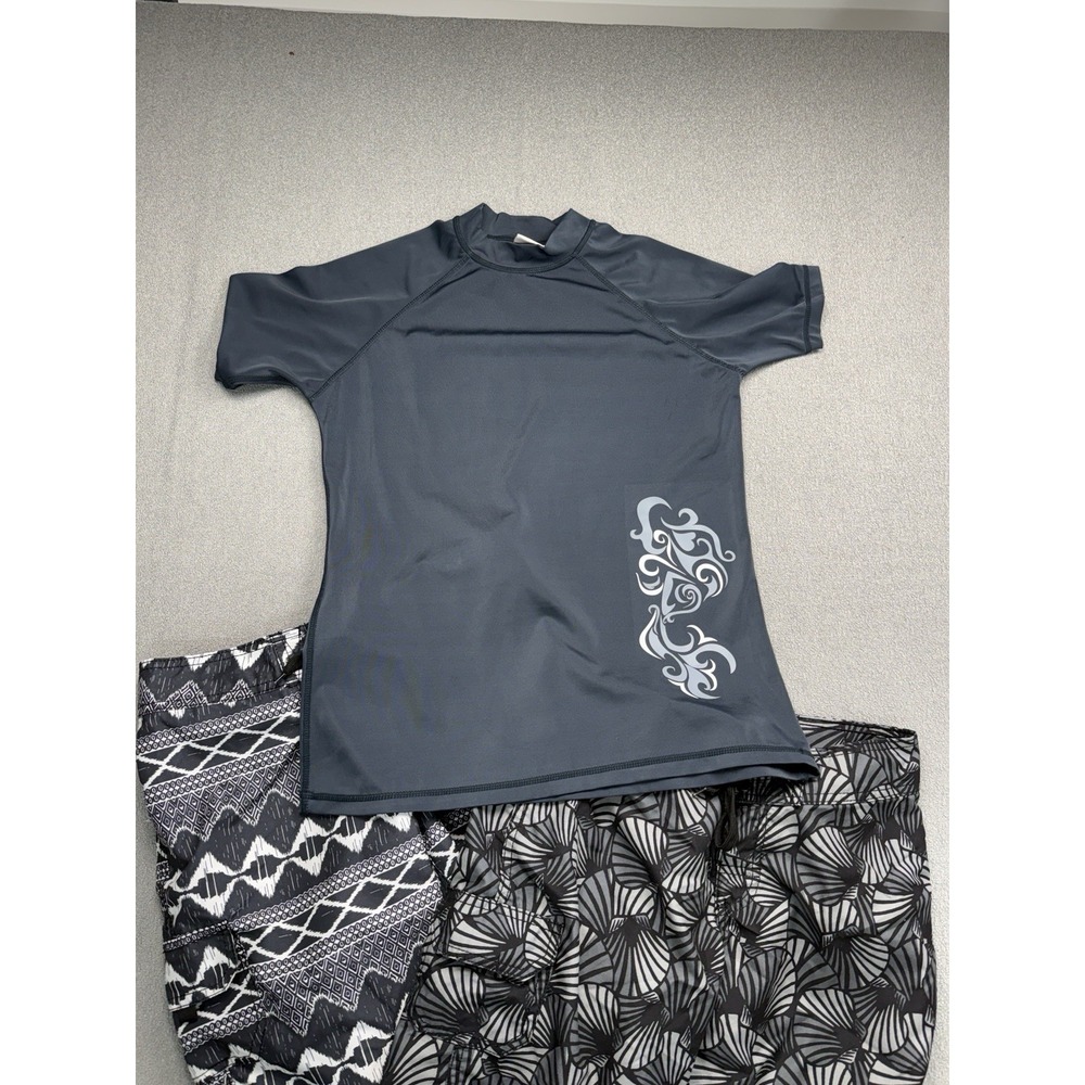 Kanu Surf Girls Swim Bundle Sz 2 Rash Guard + 2 Board Shorts Black Gray Lot of 3
